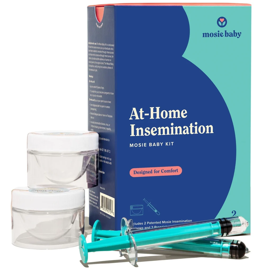 at-home insemination kit by Mosie Baby, featuring syringes and storage containers for comfort and convenience.