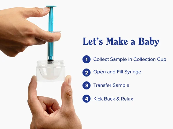 hands holding a syringe above a collection cup with instructions for using a home insemination kit