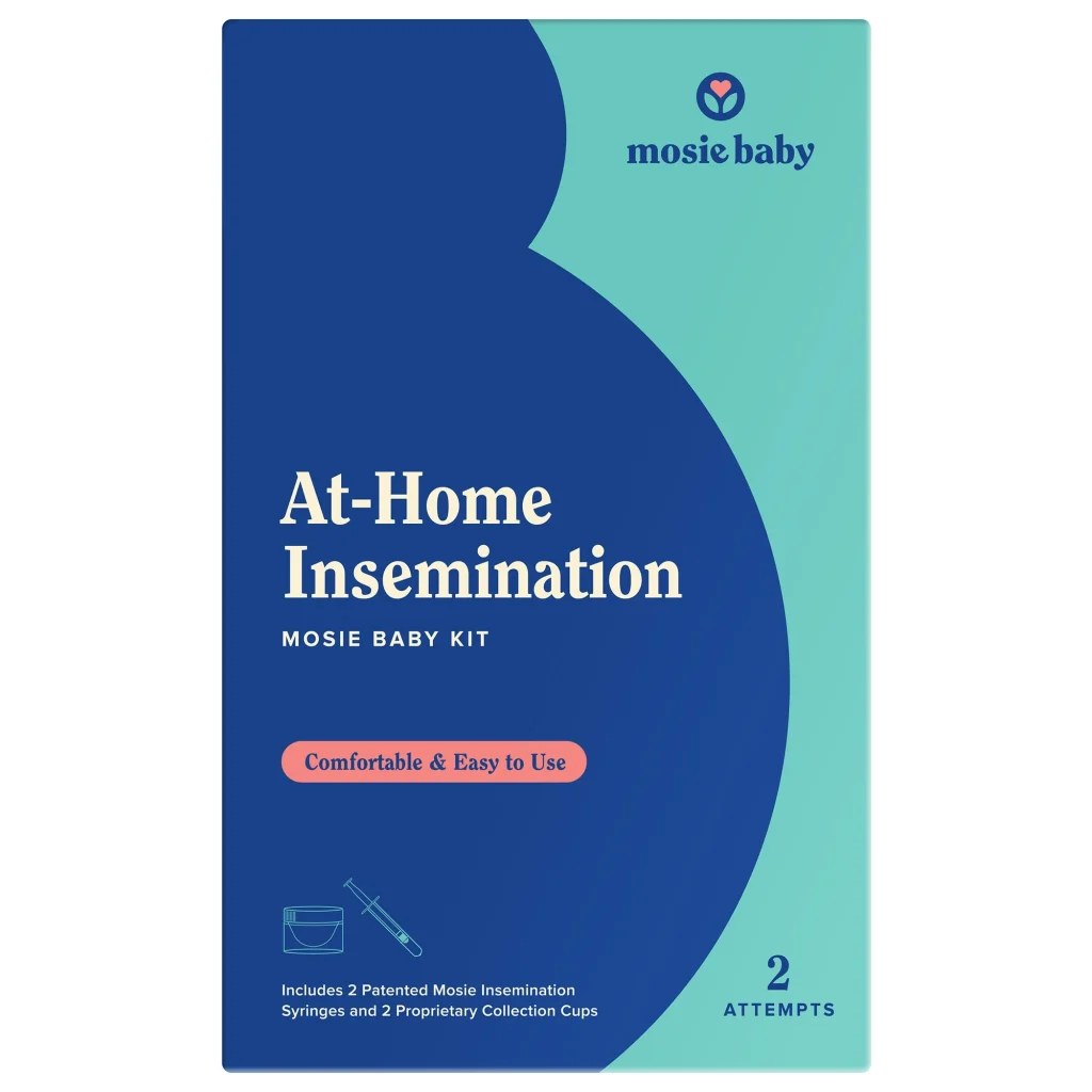 At-home insemination kit packaging featuring syringes and collection cups, labeled for comfort and ease of use.