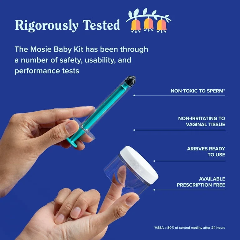 Mosie Baby Kit with syringe and container, highlighting safety and usability features on a blue background.