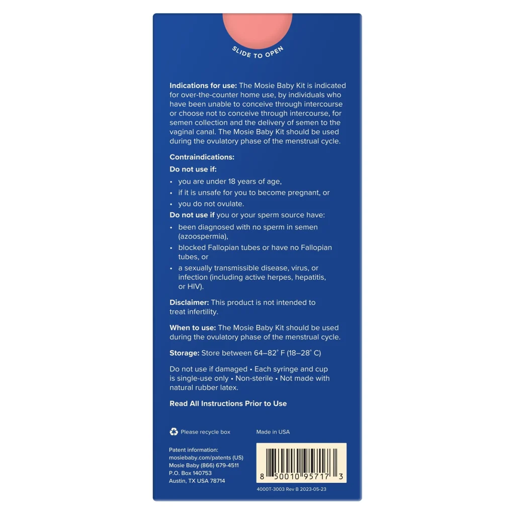 instructions and warnings for using the Mosie Baby at-home insemination kit