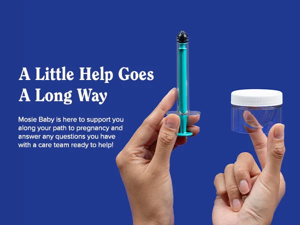 hands holding a syringe and container with text promoting Mosie Baby's support for pregnancy assistance