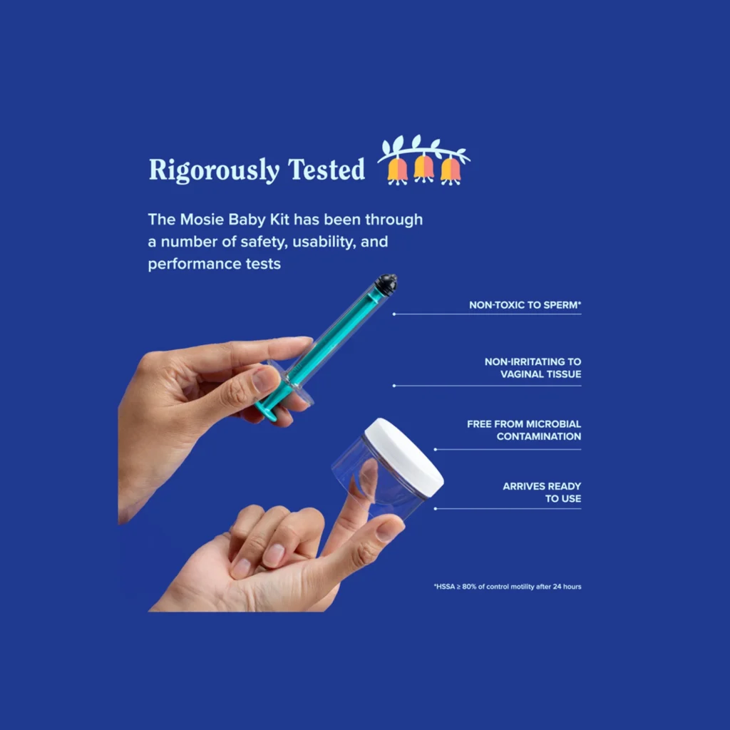 Mosie Baby Kit with syringe and container, highlighting safety and usability features on a blue background.